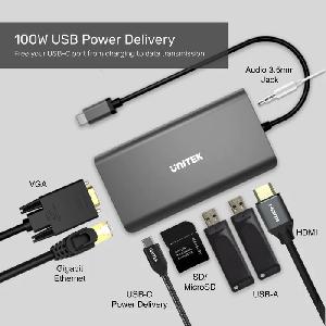 D1019B,UNITEK,8-in-1 USB-C 5Gbps Aluminium Multi-Port Hub,2-Port USB3.0+HDMI+VGA+SD+Audio+Gigabit Ethernet+USB-C PD100W/Data D1019B,UNITEK,8-in-1 USB-C 5Gbps Aluminium Multi-Port Hub,2-Port USB3.0+HDMI+VGA+SD+Audio+Gigabit Ethernet+USB-C PD100W/Data