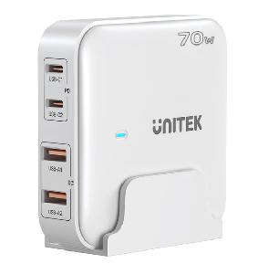 P1228AWH01-EU, UNITEK, 70W 4-in-1 Desktop GaN Charger (2*USB-C PD + 2*USB-A QC3.0), White