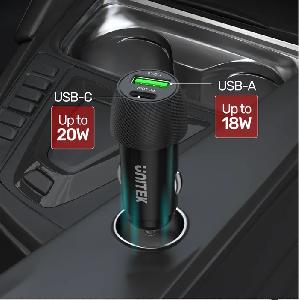  P1400A, UNITEK, Power Supply, 38W 2-Port Car Charger (USB-C PD 20W + USB-A QC3.0), Black.