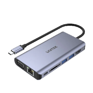 D1019B,UNITEK,8-in-1 USB-C 5Gbps Aluminium Multi-Port Hub,2-Port USB3.0+HDMI+VGA+SD+Audio+Gigabit Ethernet+USB-C PD100W/Data