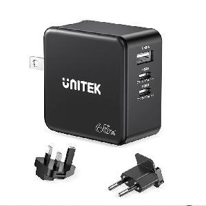 P1117B, UNITEK 65W GaN Charger (2*USB-C PD + USB-A QC3.0), with US/UK/EU Plugs, Black P1117B, UNITEK 65W GaN Charger (2*USB-C PD + USB-A QC3.0), with US/UK/EU Plugs, Black